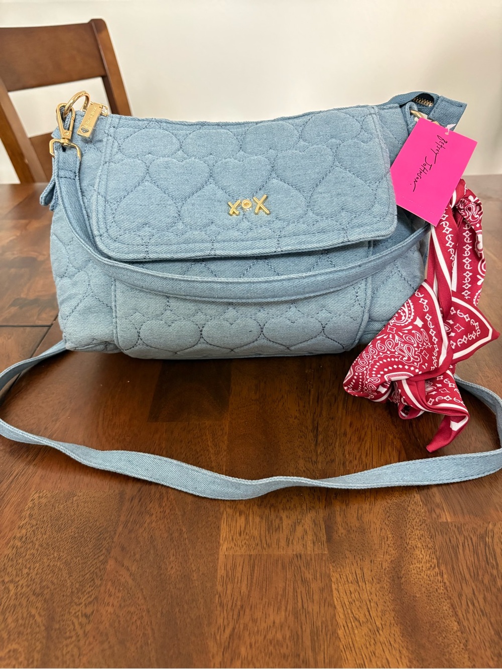 Light Blue Quilted Heart Crossbody Bag with Gold Accent